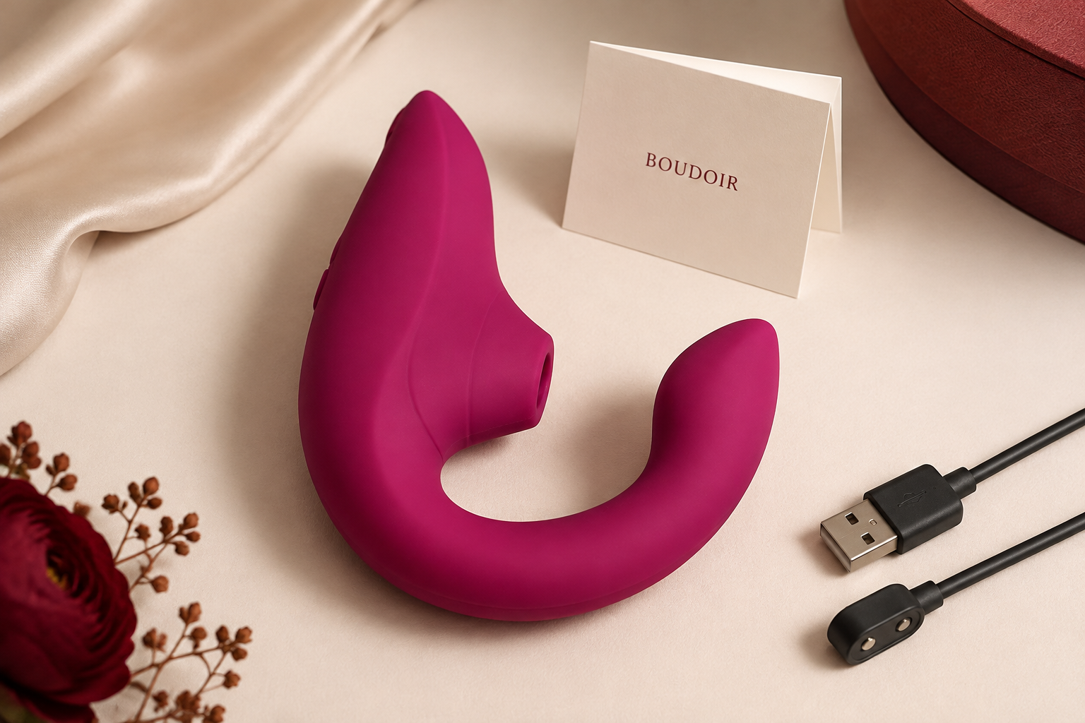 Ilustración del Womanizer Blend fucsia junto a un cable de carga y una tarjeta BOUDOIR
