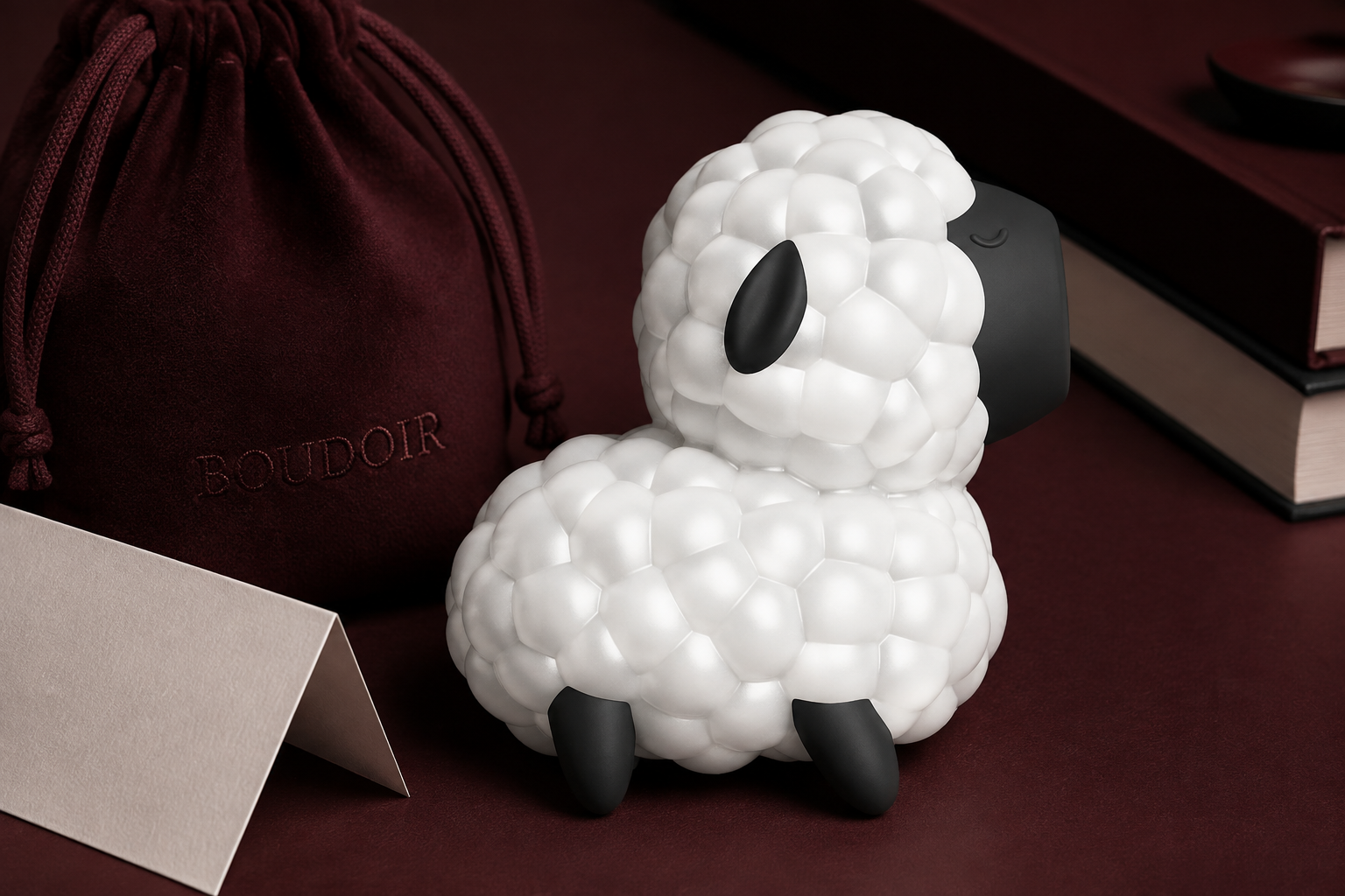 Ilustración editorial del Satisfyer Dreamy Sheep blanco junto a una bolsa burdeos con la palabra BOUDOIR y un manual plegado