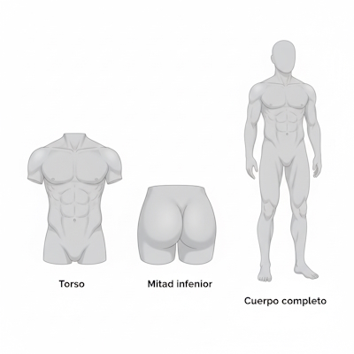 Comparación visual entre torso masculino, mitad inferior y muñeco sexual masculino de cuerpo completo