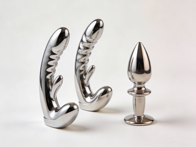 Dildos y plugs anales de metal sobre fondo claro, pensados para juegos de temperatura en frío y calor