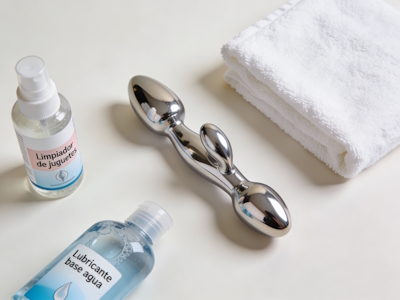 Juguete de metal junto a limpiador de juguetes, lubricante base agua y toalla blanca para su mantenimiento