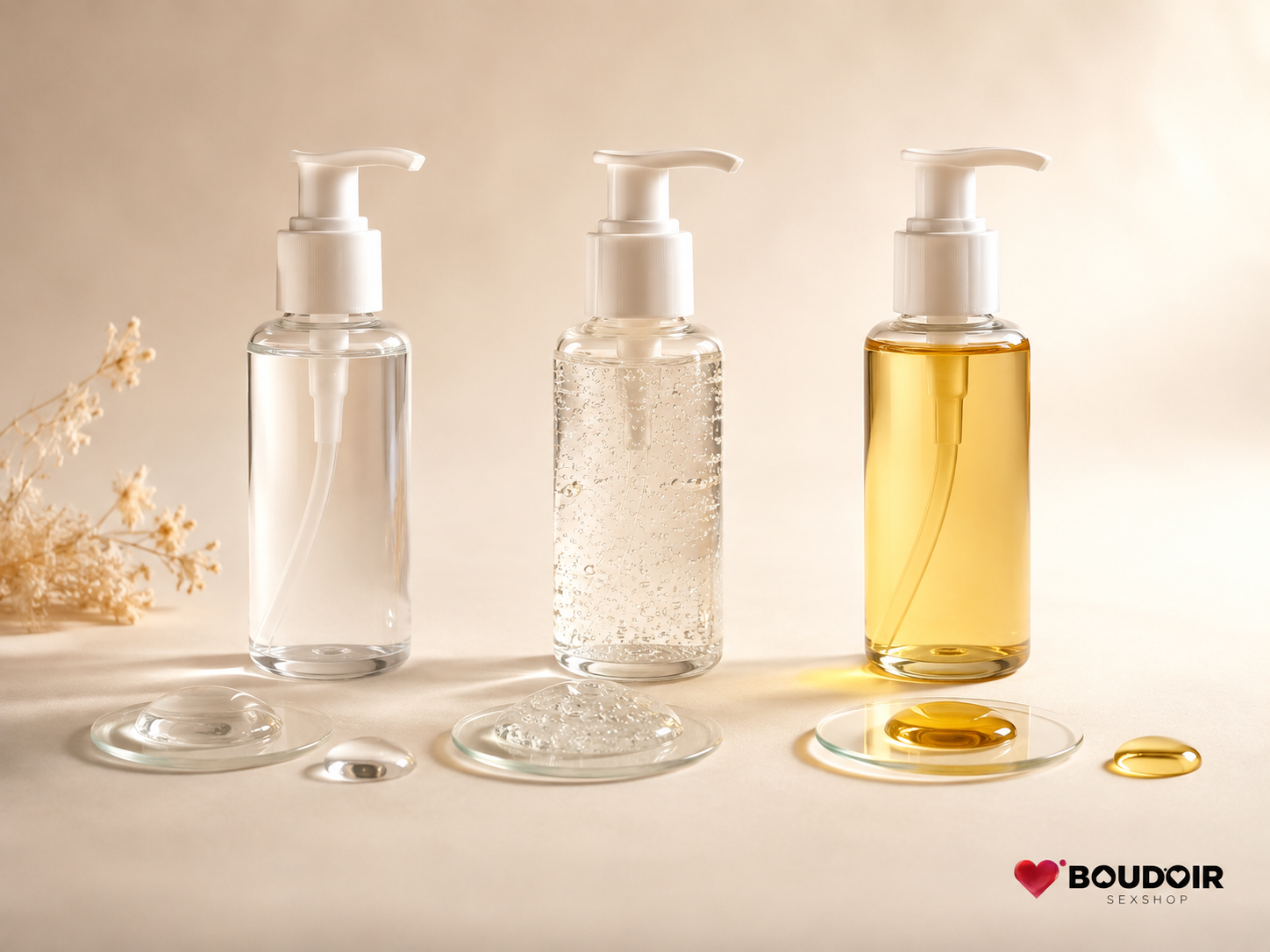 Tres dispensadores que representan lubricantes de base acuosa, silicona y aceite con la marca Boudoir