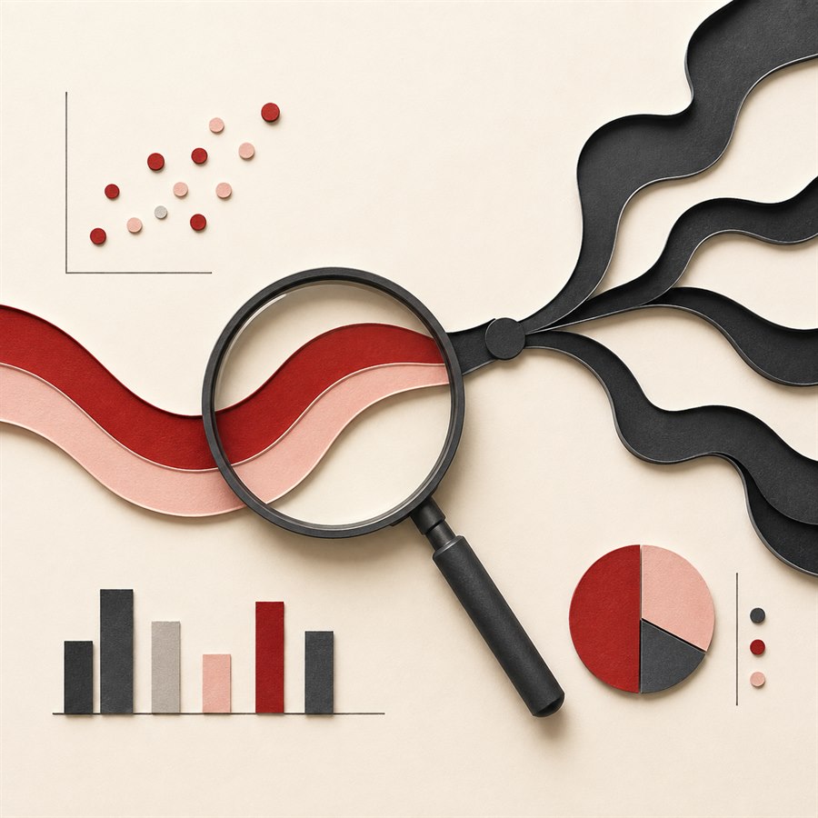 Lupa sobre líneas de datos que representa la diferencia entre asociación y causalidad