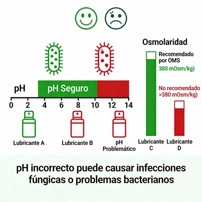 Infografía de salud mostrando escala de pH (3.8-4.5), osmolaridad OMS, impacto en salud vaginal