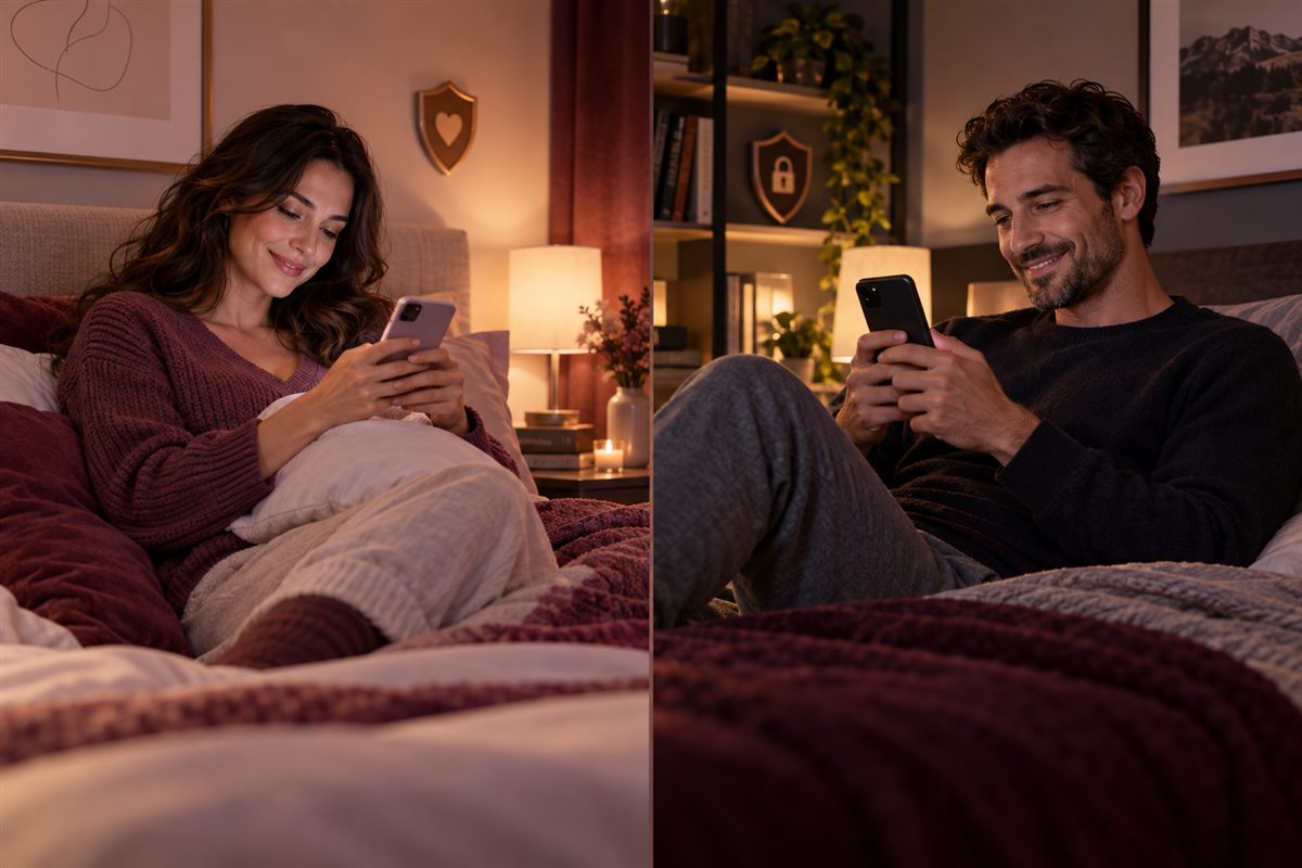 Dos personas adultas conversan a distancia por móvil en espacios privados